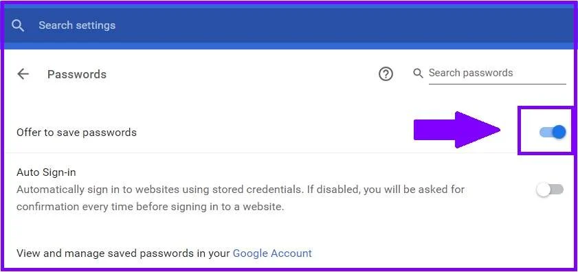 click offer to save password chrome
