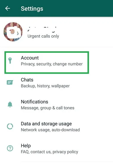 select account option in whatsapp finger lock