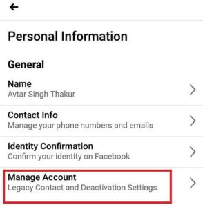 click manage account to delete facebook account